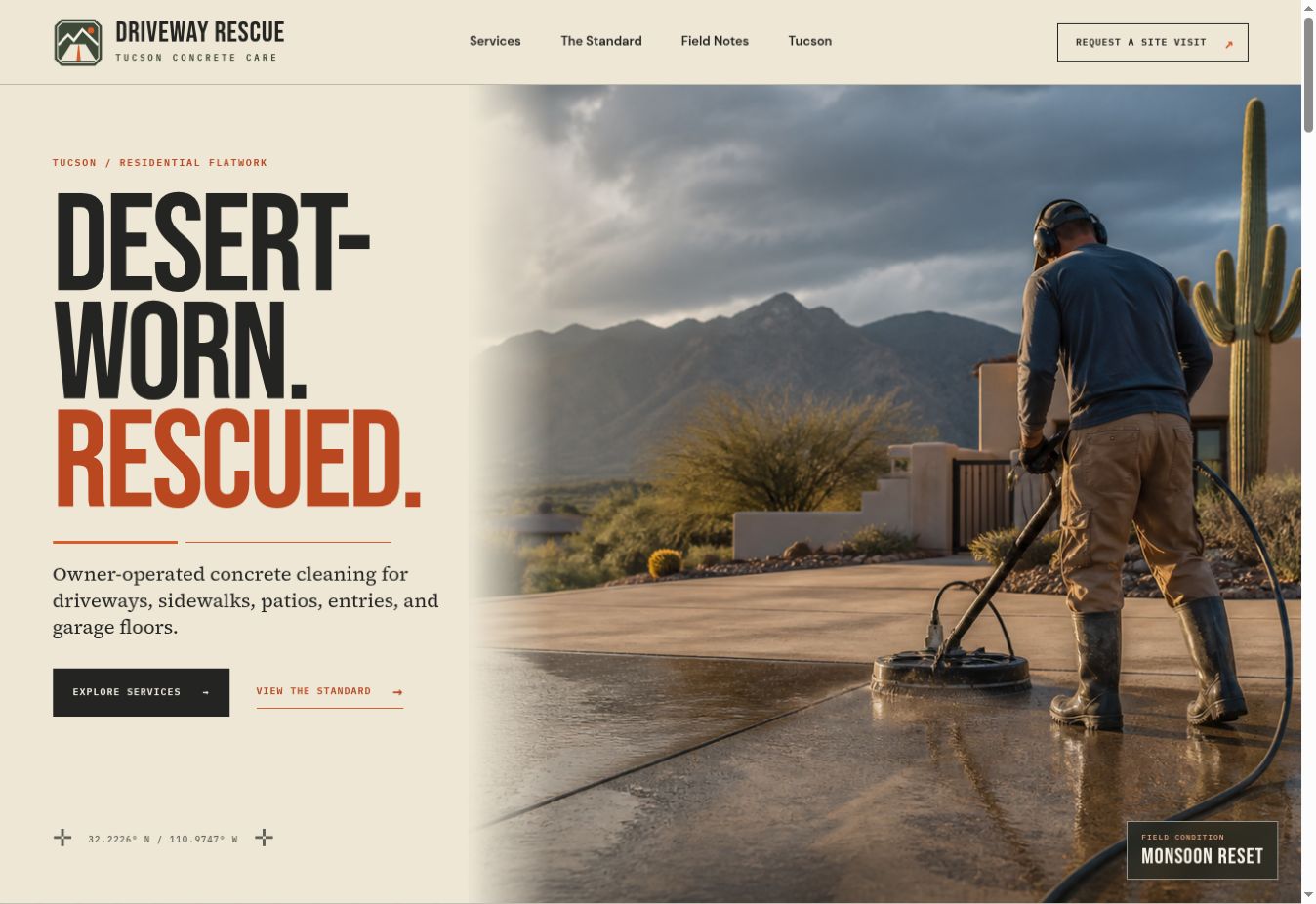 Driveway Rescue homepage showing its Tucson concrete-care brand and service offer