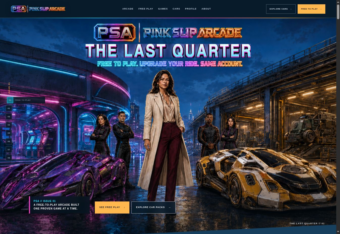 Pink Slip Arcade homepage showing The Last Quarter arcade experience